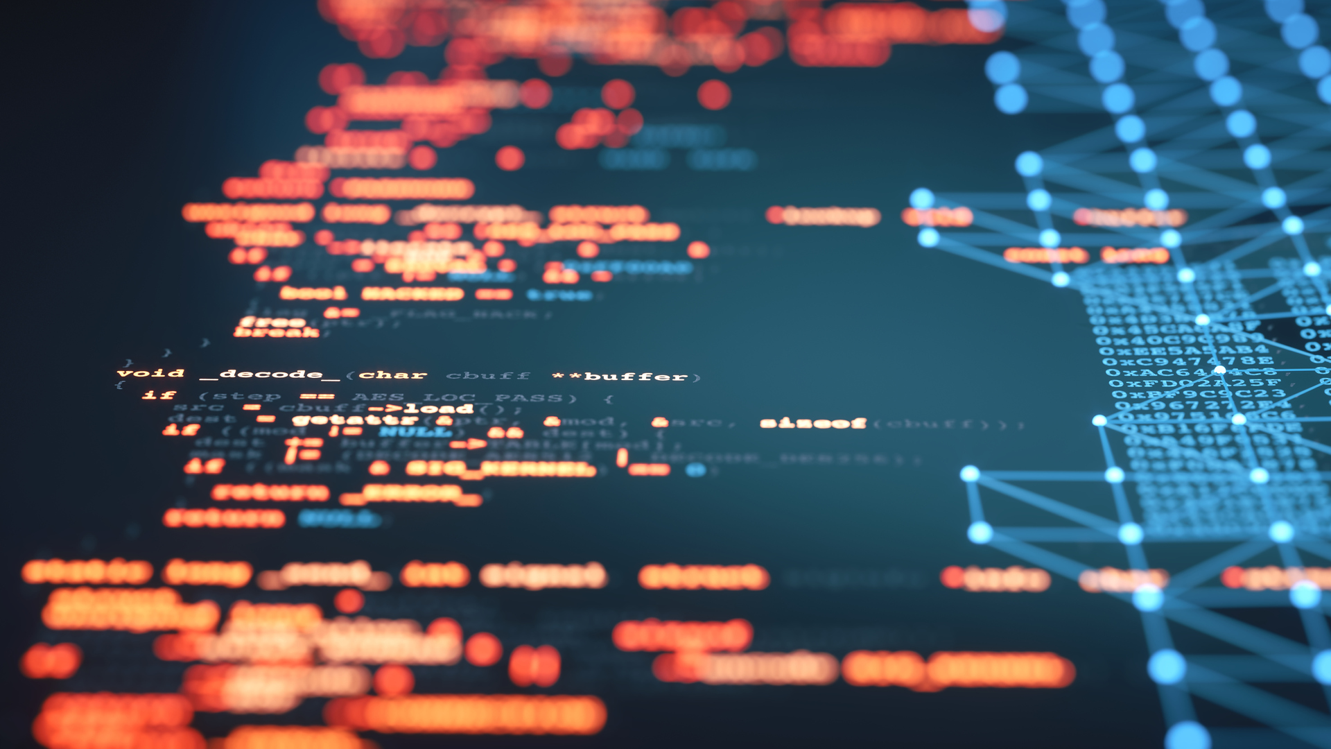 Blurry code on a screen with digital connections on the right.