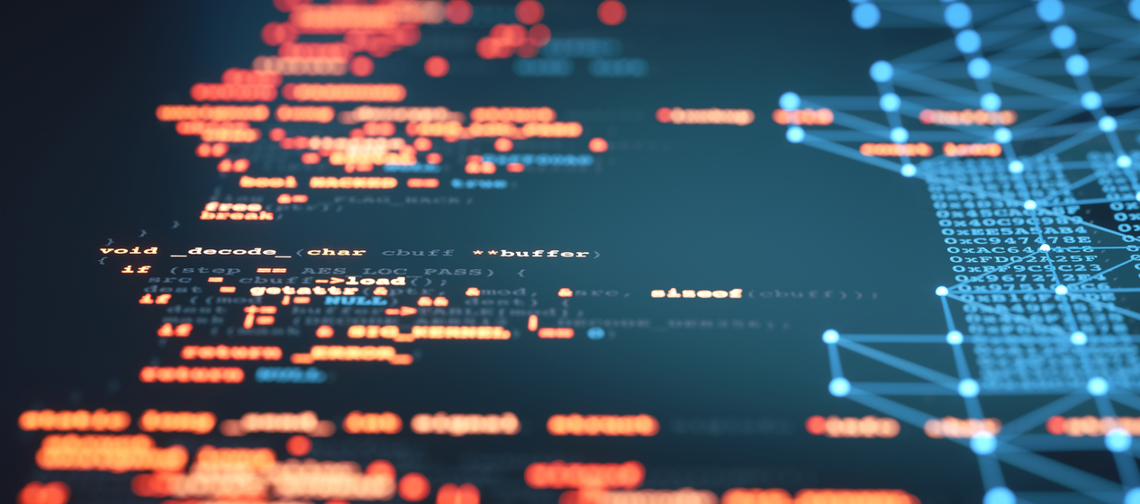 Blurry code on a screen with digital connections on the right.