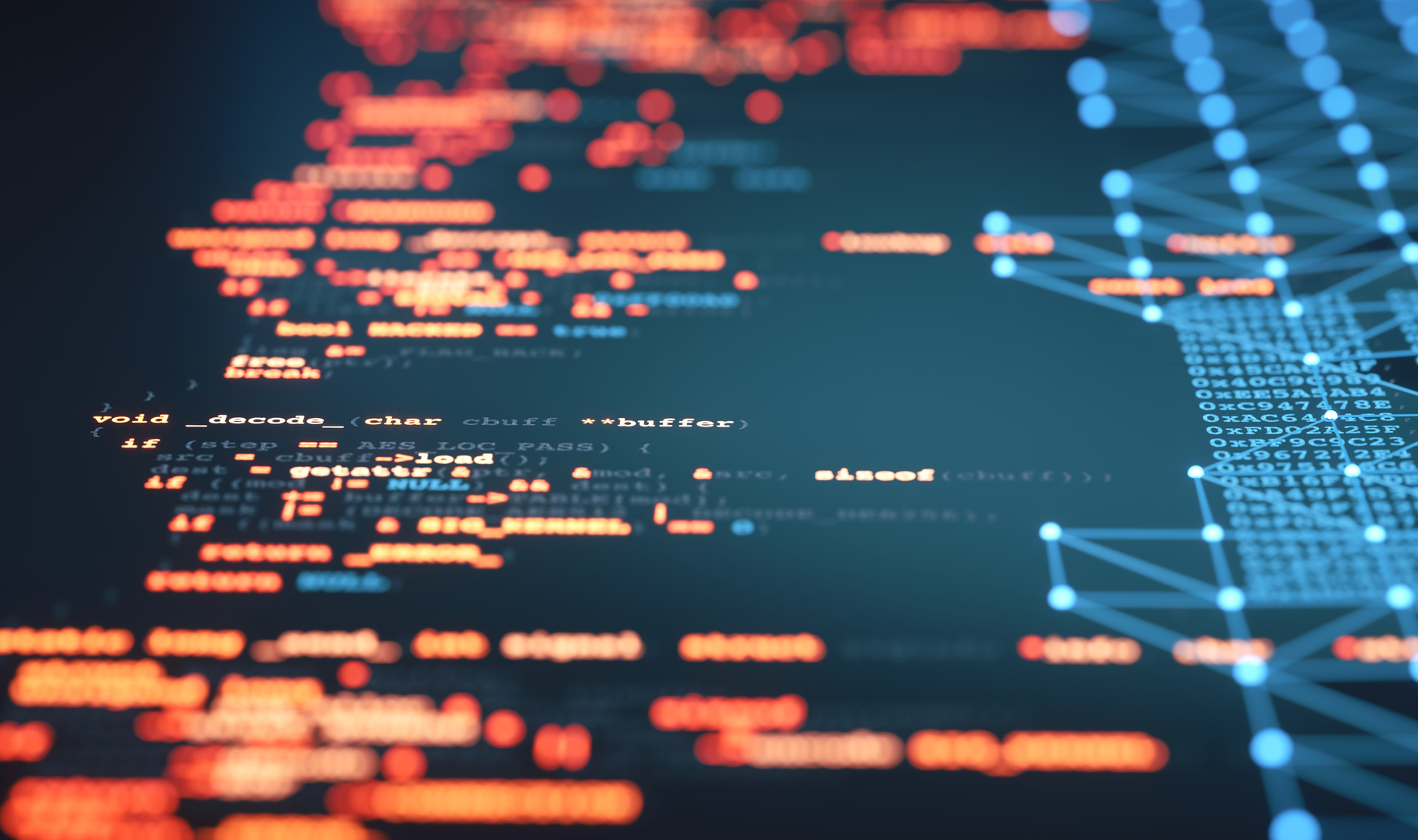 Blurry code on a screen with digital connections on the right.
